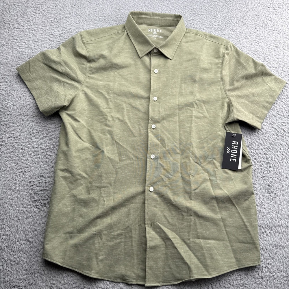 Rhone Brezza Shirt Mens Large Sage S/S Button Up Stretch Linen Performance